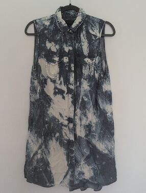 True Religion Blue & White Bleached Tie Dye Denim Sleeveless Tunic